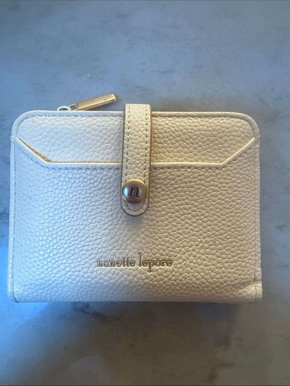 Nanette Lepore Cream Textured Leather Compact Wallet with Gold Accent